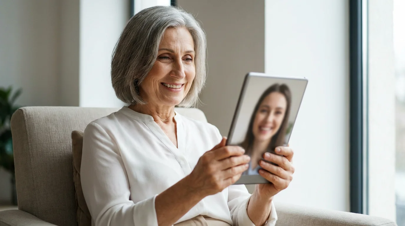 A senior woman smiles while on a video call on a tablet at home.