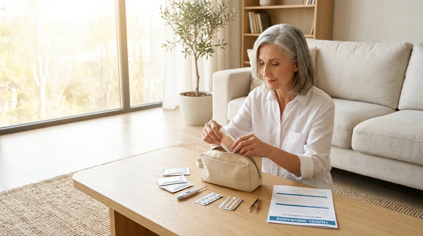 A senior woman thoughtfully prepares a travel first-aid kit in her sunlit living room.