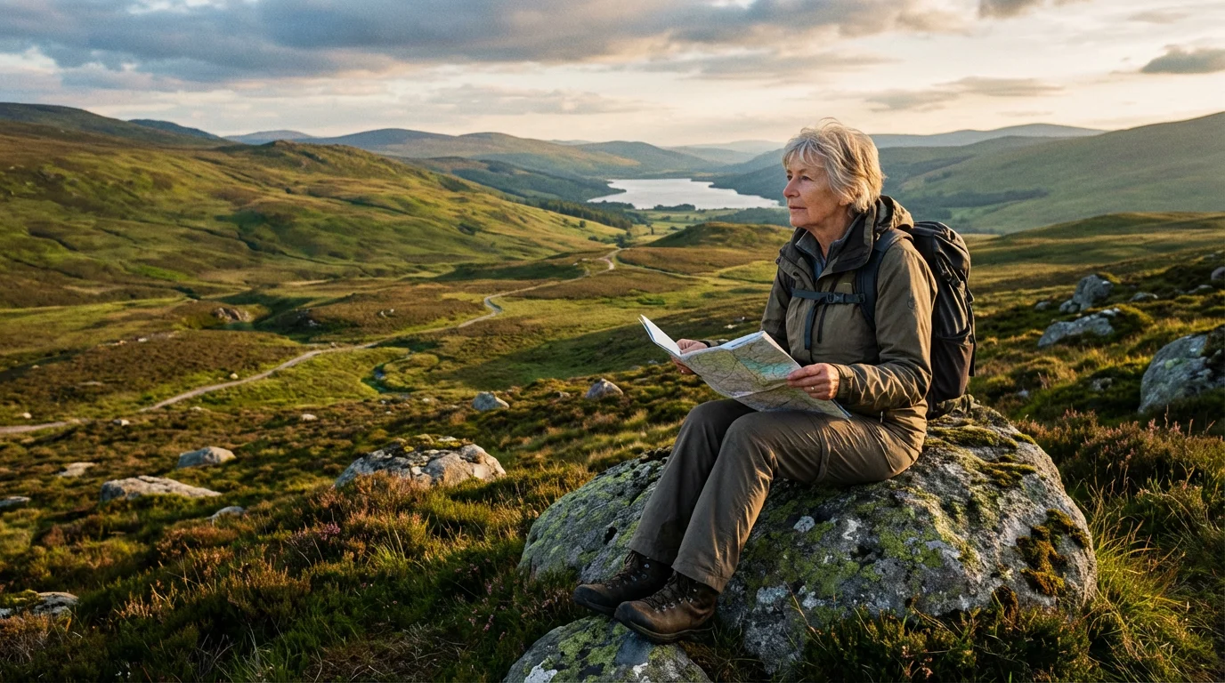 A senior woman with a map hiking in the Scottish Highlands at golden hour.