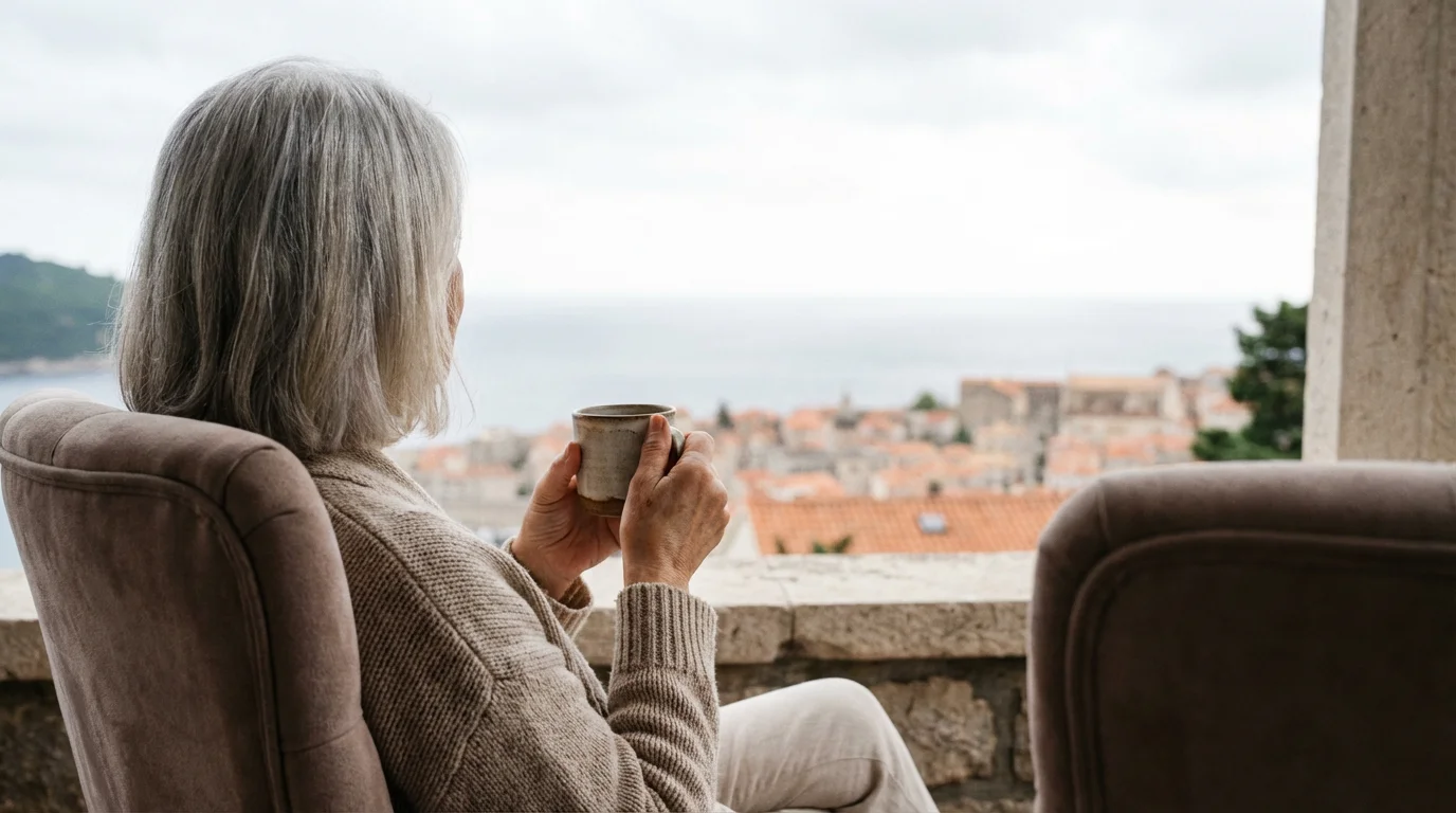 A senior woman with a mug, relaxing on a balcony overlooking a coastal town.