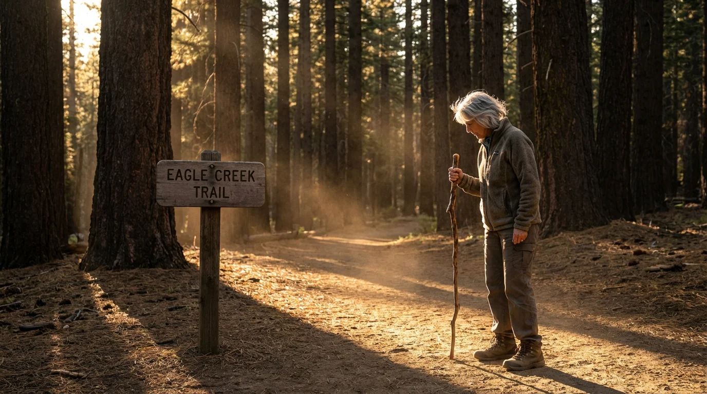 A senior woman with a walking stick at a forest trailhead during golden hour.
