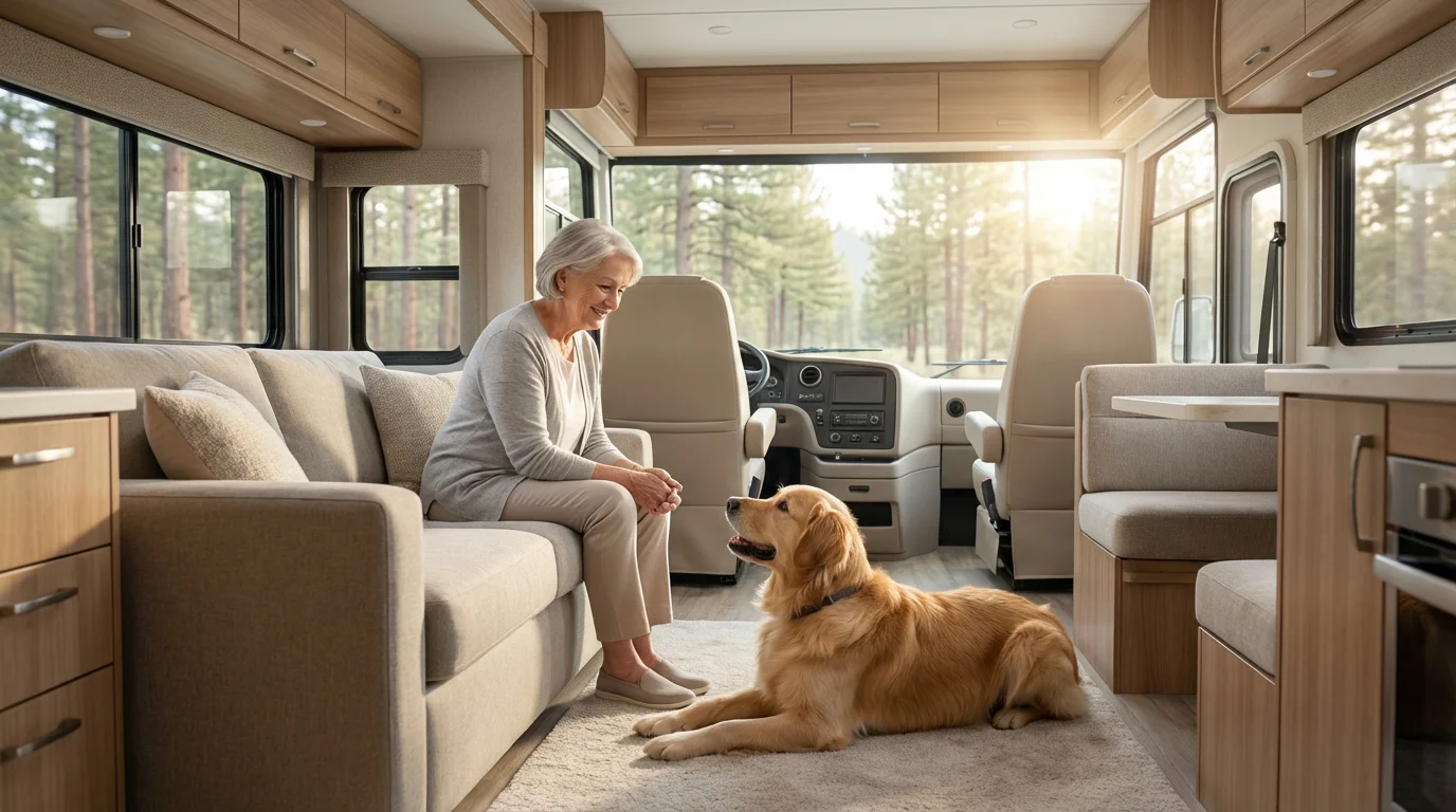 A senior woman with her golden retriever relaxing comfortably inside a spacious modern motorhome.