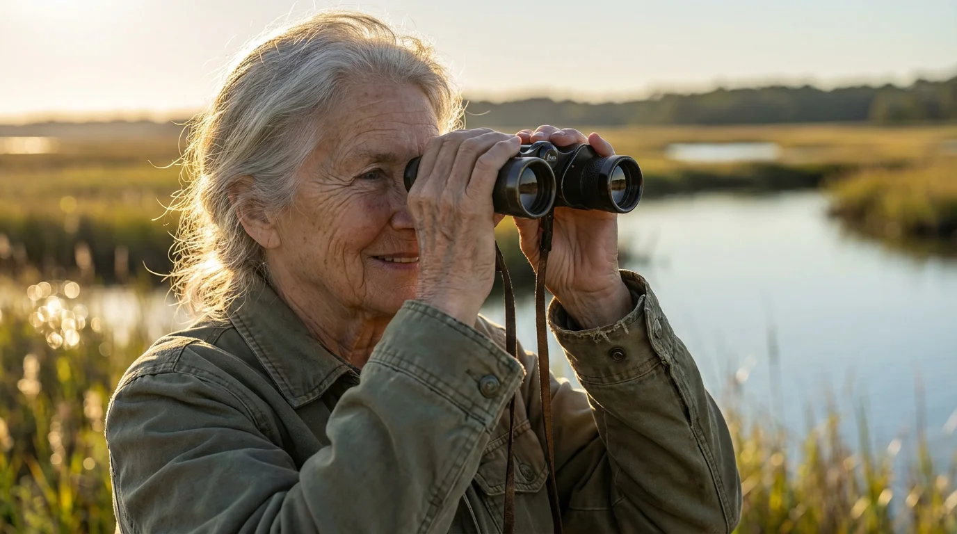 A senior woman with silver hair birdwatching with binoculars during a golden hour sunset.