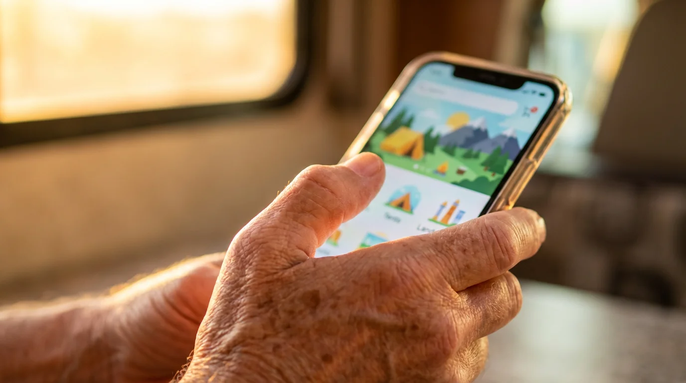 A senior's hand holding a smartphone with a generic travel app on the screen.