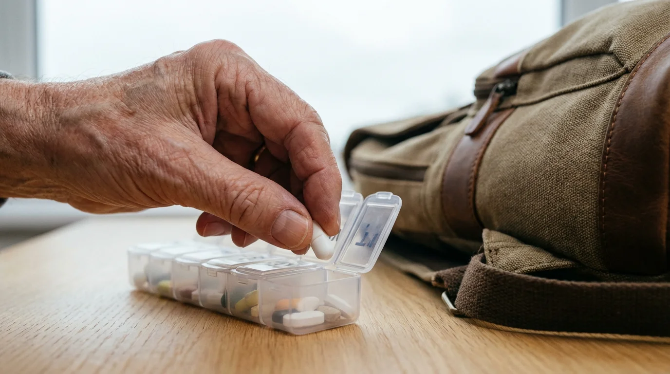 A senior's hand organizes daily medication into a travel pill case beside a backpack.