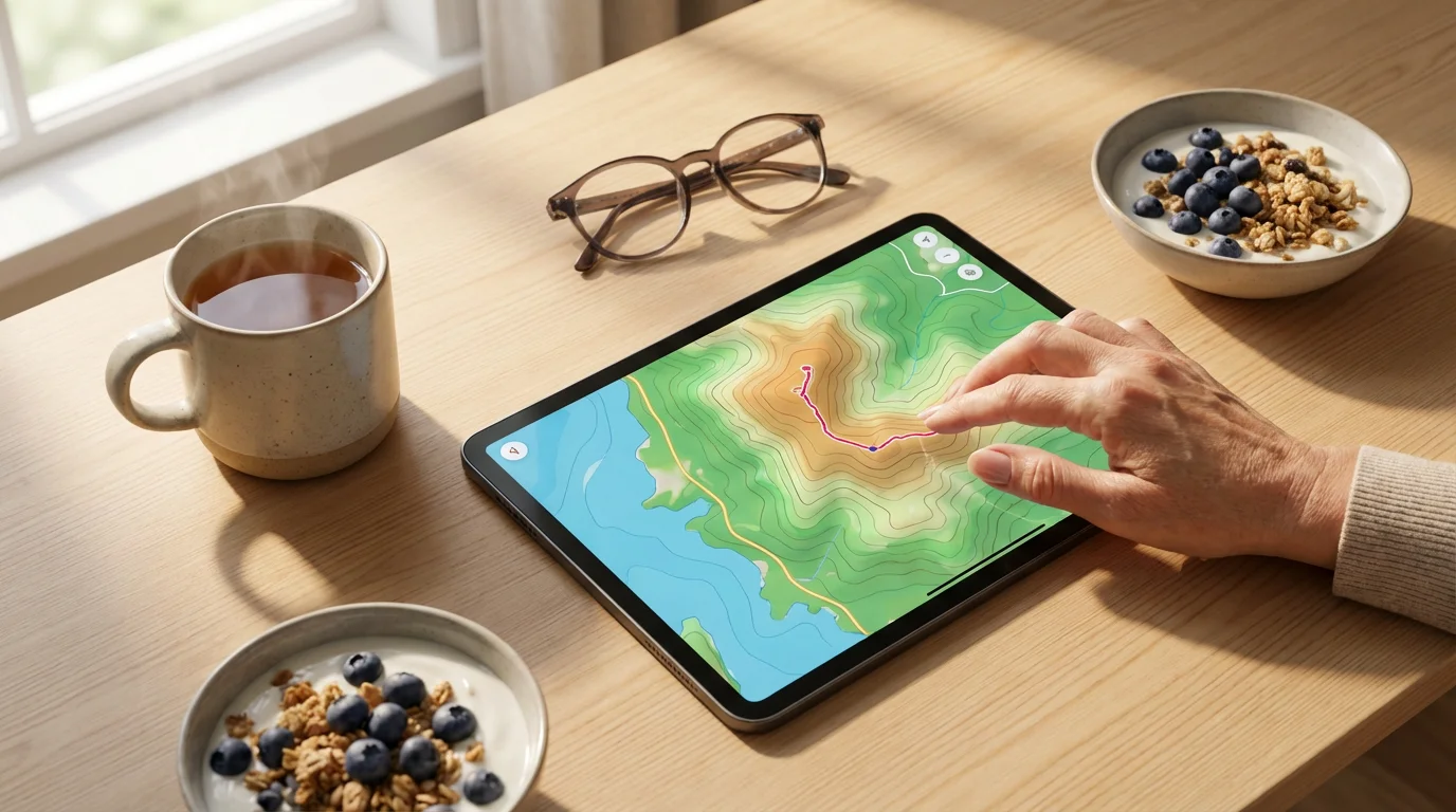 A senior's hand planning a hike on a tablet next to a cup of tea.