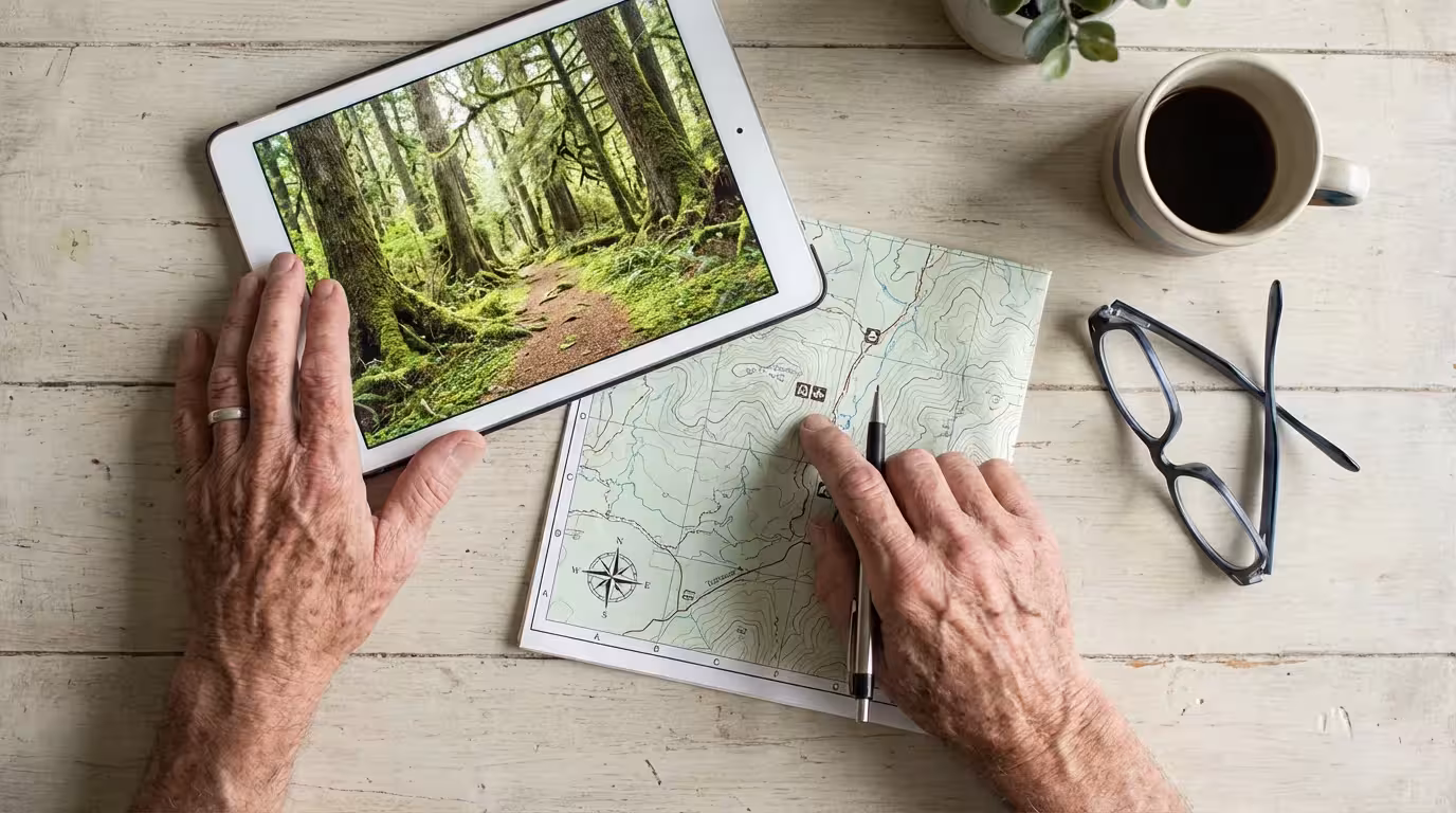 A senior's hands planning a hike from above, using a trail map and a tablet.