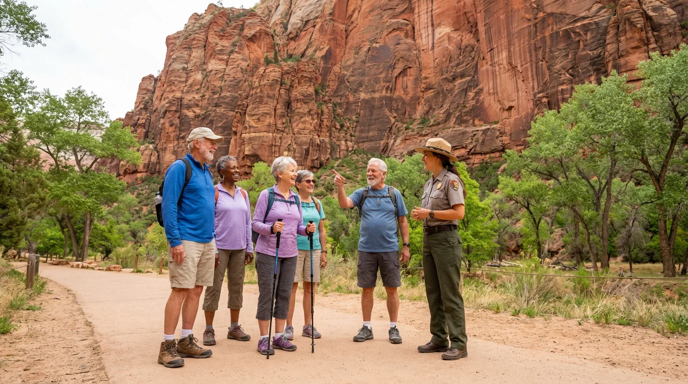 A small group of active seniors enjoying a guided hike in Zion National Park.