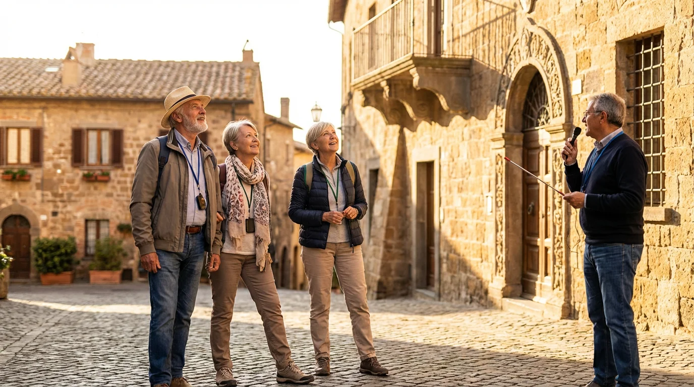 A small group of active seniors on a guided walking tour in a historic village.