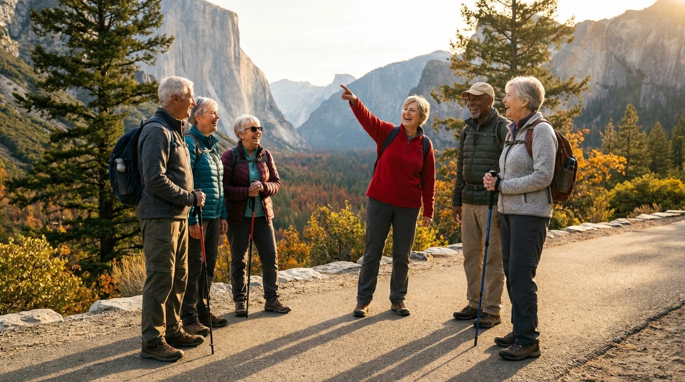 A small group of diverse seniors happily walking on a scenic national park trail at sunset.