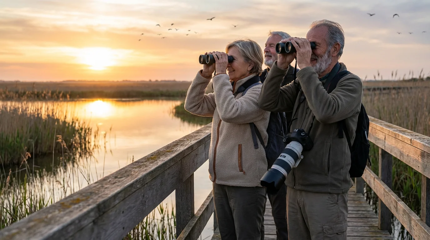 A small group of senior travelers birdwatching from a boardwalk at golden hour.