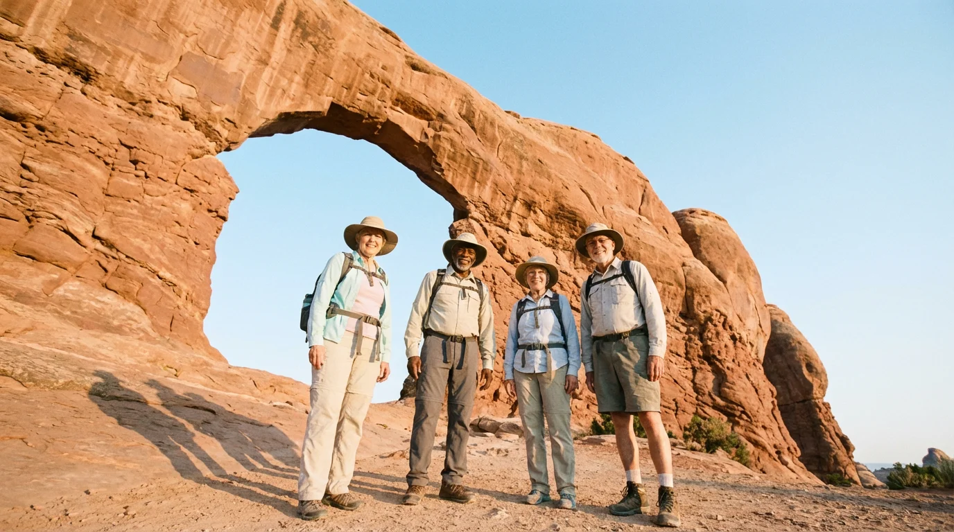 A small group of seniors hiking on a trail beneath a large sandstone arch.