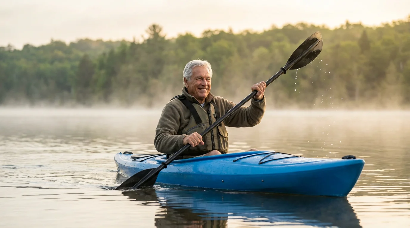 A smiling senior man actively paddling a kayak on a calm, misty lake.