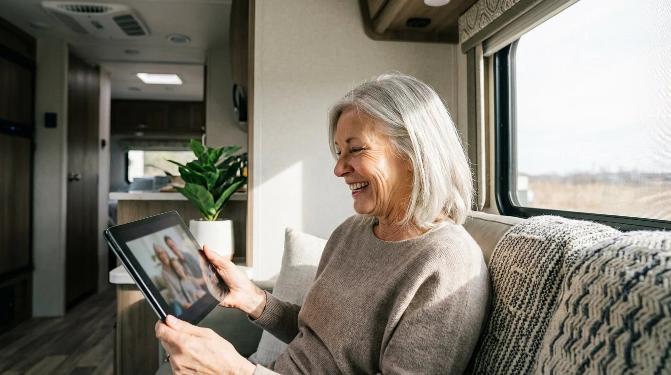 A smiling senior woman has a joyful video call on a tablet inside her RV.