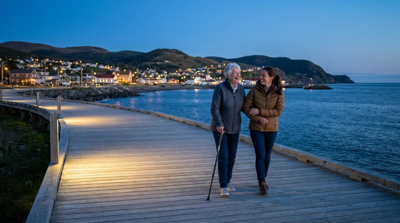 A tour guide assists a senior woman on an accessible boardwalk at dusk.