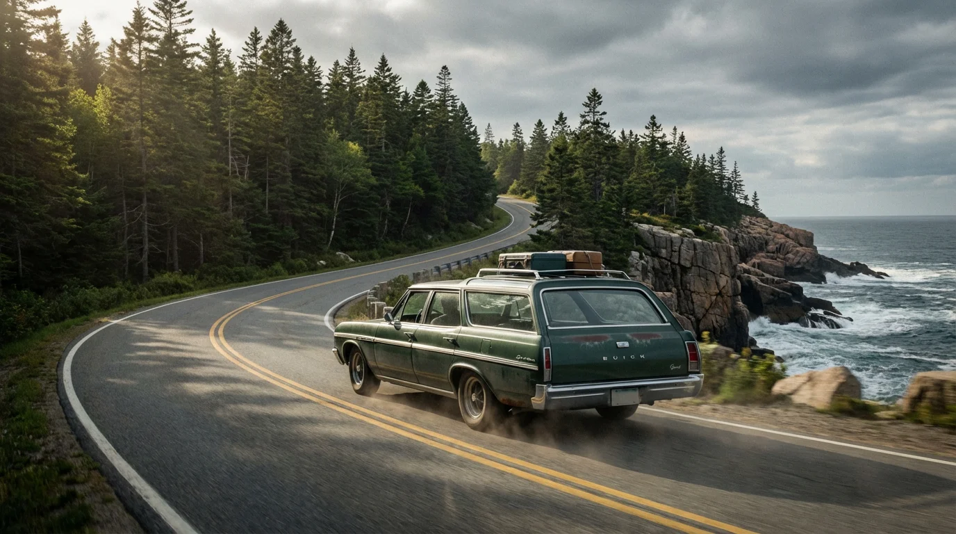 A vintage station wagon drives along a scenic, shadowy coastal highway in Acadia, Maine.
