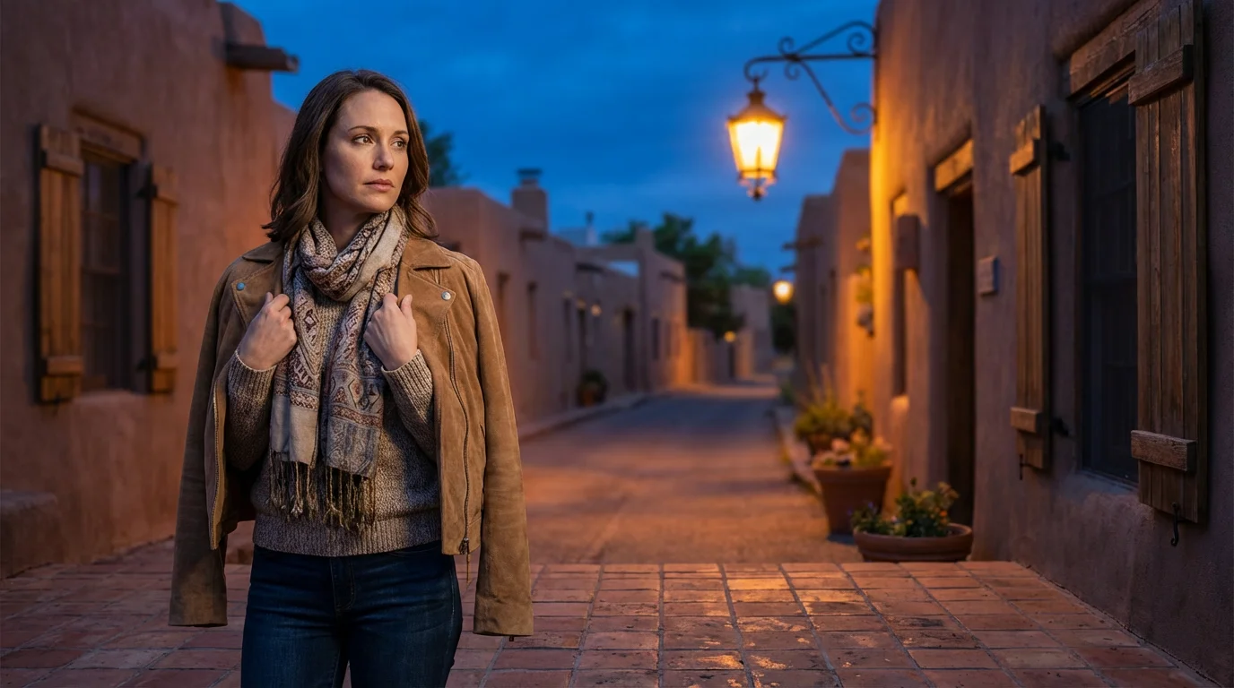A woman on an adobe patio in Santa Fe at twilight, getting ready for an evening walk.