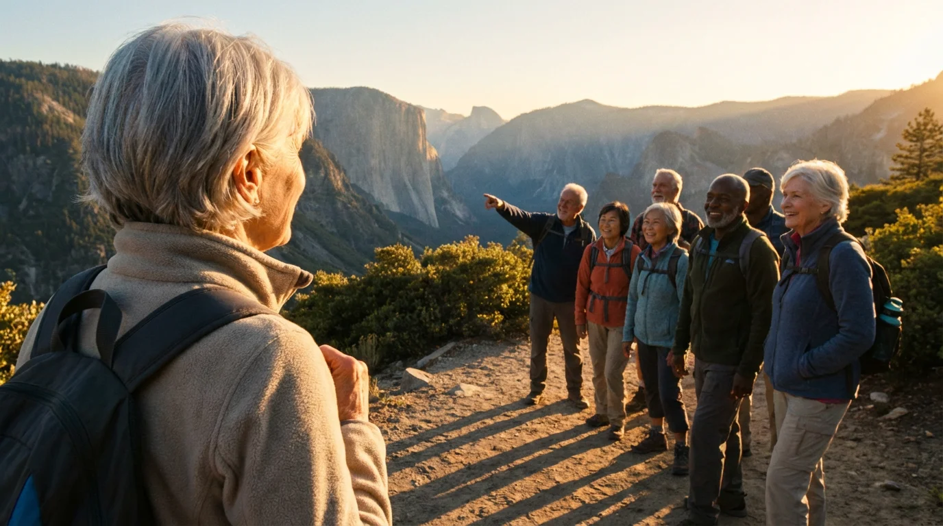 Active seniors on a group hiking tour enjoying a mountain vista at sunset.