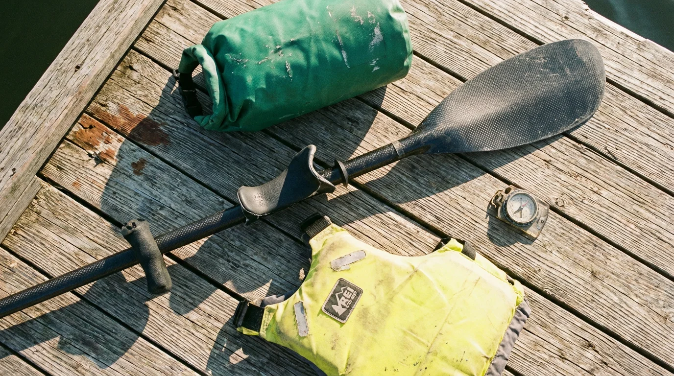 Adaptive kayaking equipment including a specialized paddle and life vest on a wooden dock.