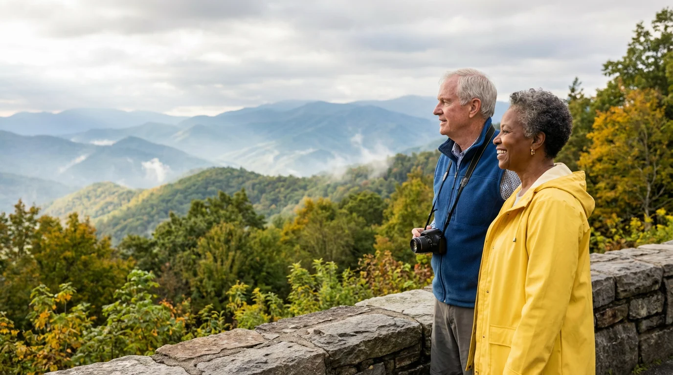 An active senior couple enjoys the expansive view from a Smoky Mountains scenic overlook.