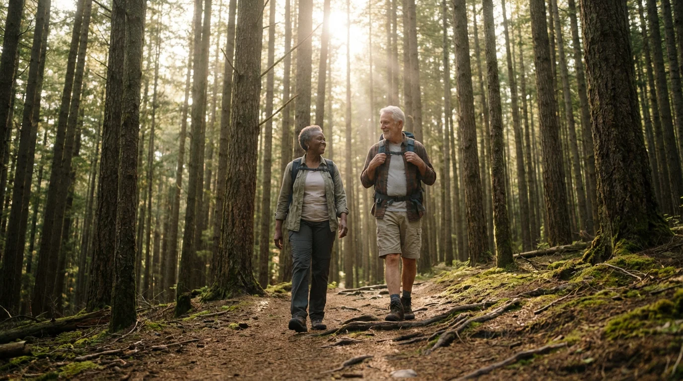 An active senior couple happily hiking on a sunlit forest trail together.
