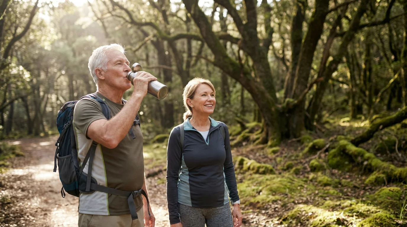 An active senior couple pauses on a forest trail while the man drinks water.