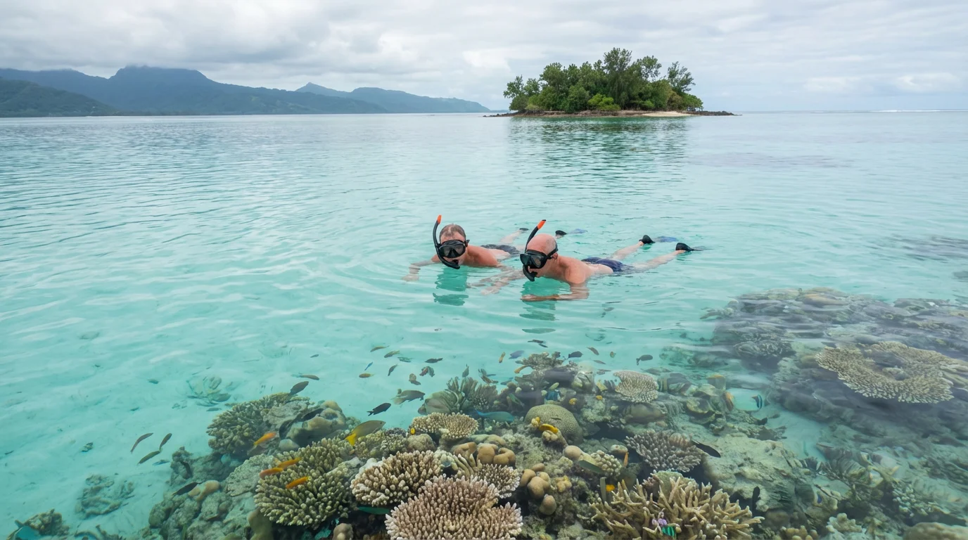 An active senior couple snorkeling together over a vibrant tropical coral reef.