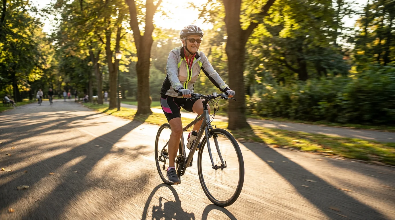 An active senior woman enjoys a cardiovascular bike ride through a park at sunset.