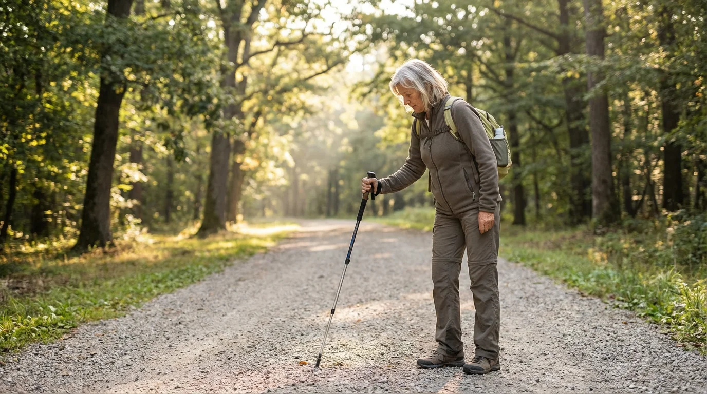 An active senior woman with a hiking pole carefully checking an accessible park trail.
