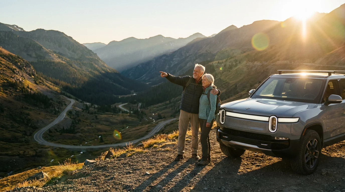 An elderly couple enjoys a mountain valley view at sunset during their road trip.
