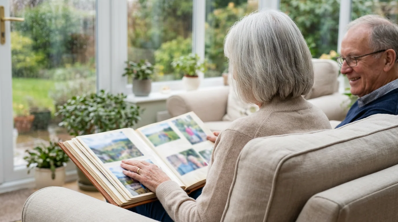 An elderly couple sits on a sofa, happily reminiscing over a travel photo album.