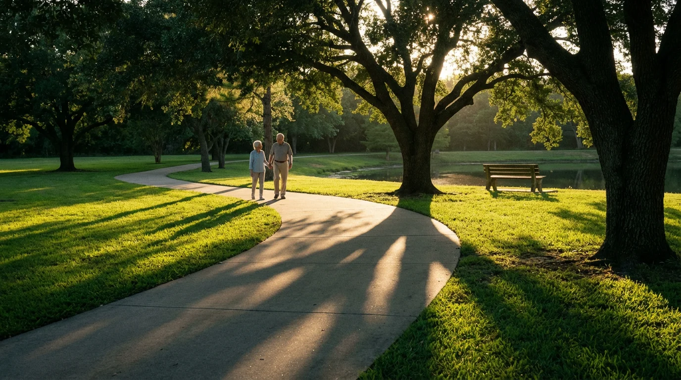 An elderly couple walks on an accessible paved path in a sunlit park.