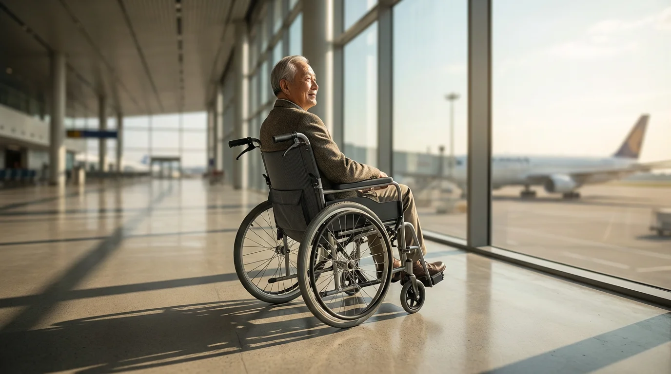 An elderly man in a wheelchair looks thoughtfully out an airport window at an airplane.