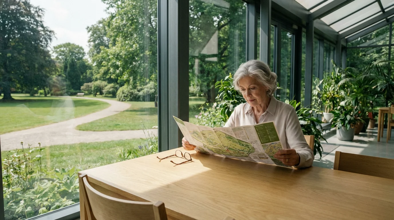 An elderly woman sits at a table by a large window, planning with a park map.