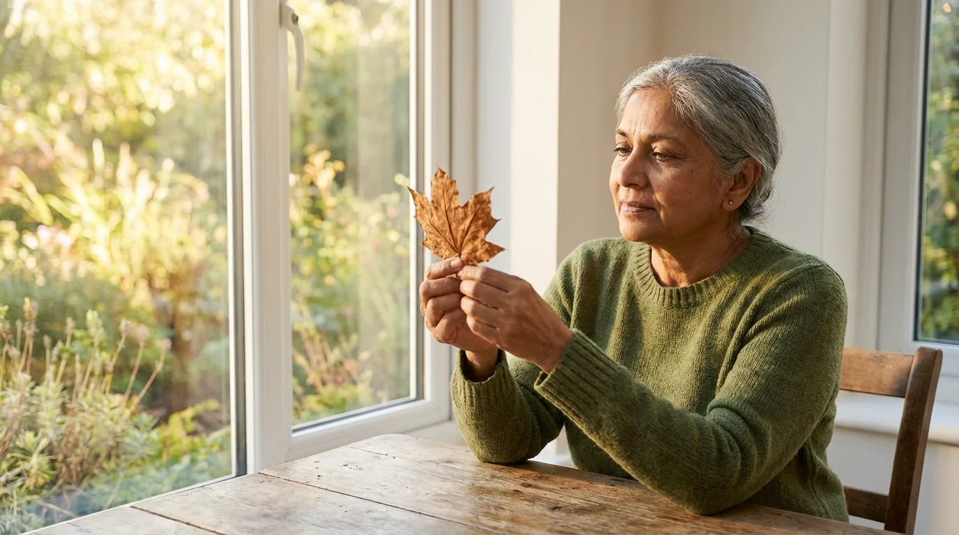 An elderly woman sits by a window, mindfully examining a colorful autumn leaf.