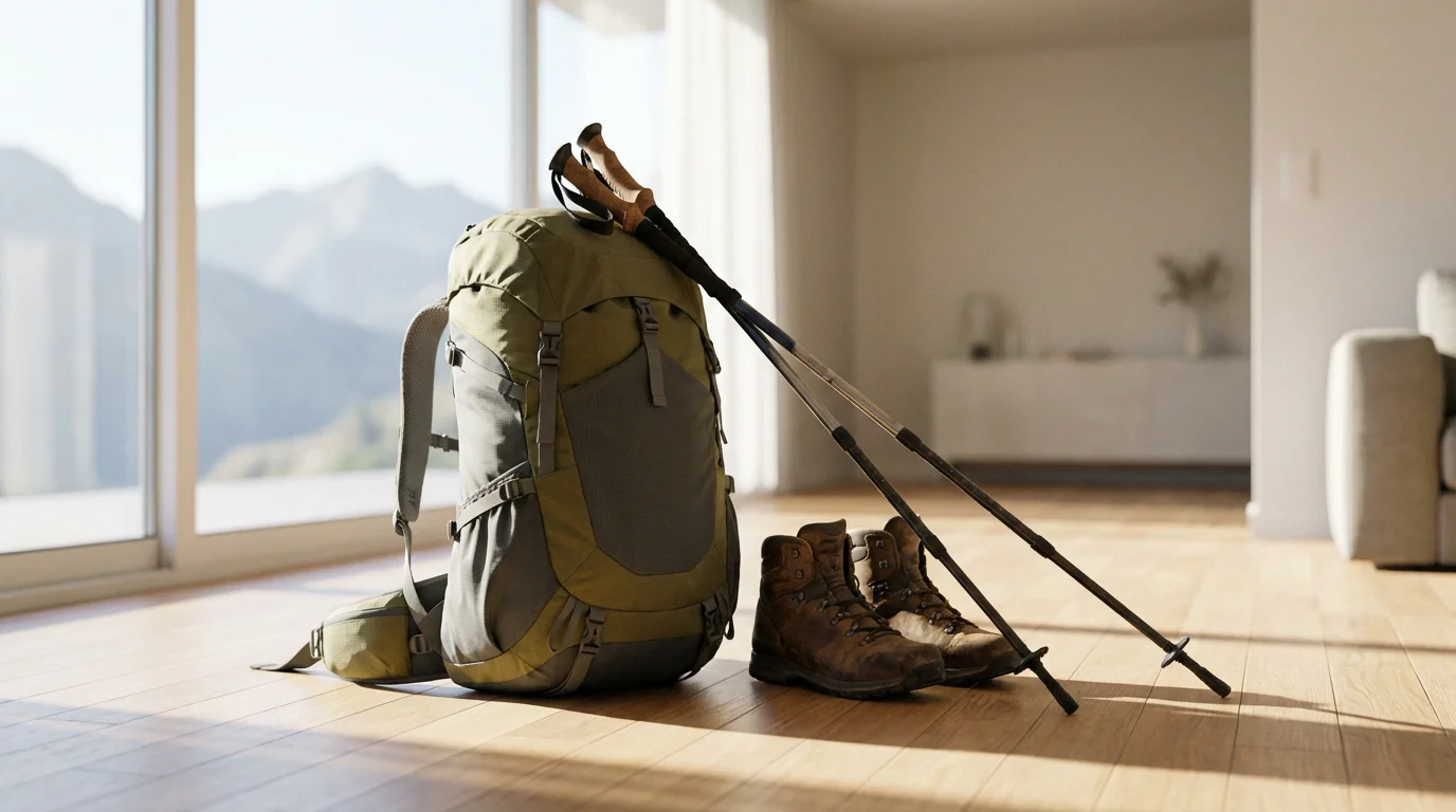 An empty hiking backpack with boots and poles on a sunlit floor.