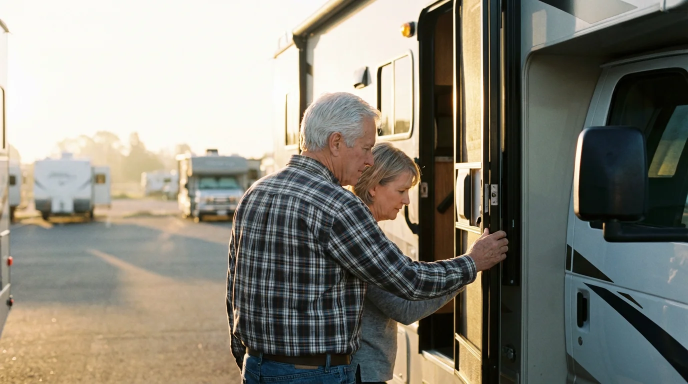 An older couple carefully inspects a used Class C motorhome on a sales lot.
