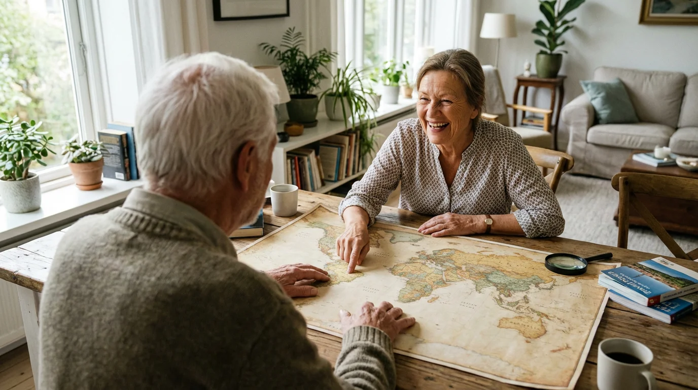 An older couple seen from over the shoulder, happily planning their travels with a map.