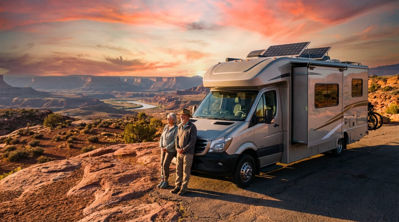 An older couple stands by their RV at golden hour, looking over a desert.