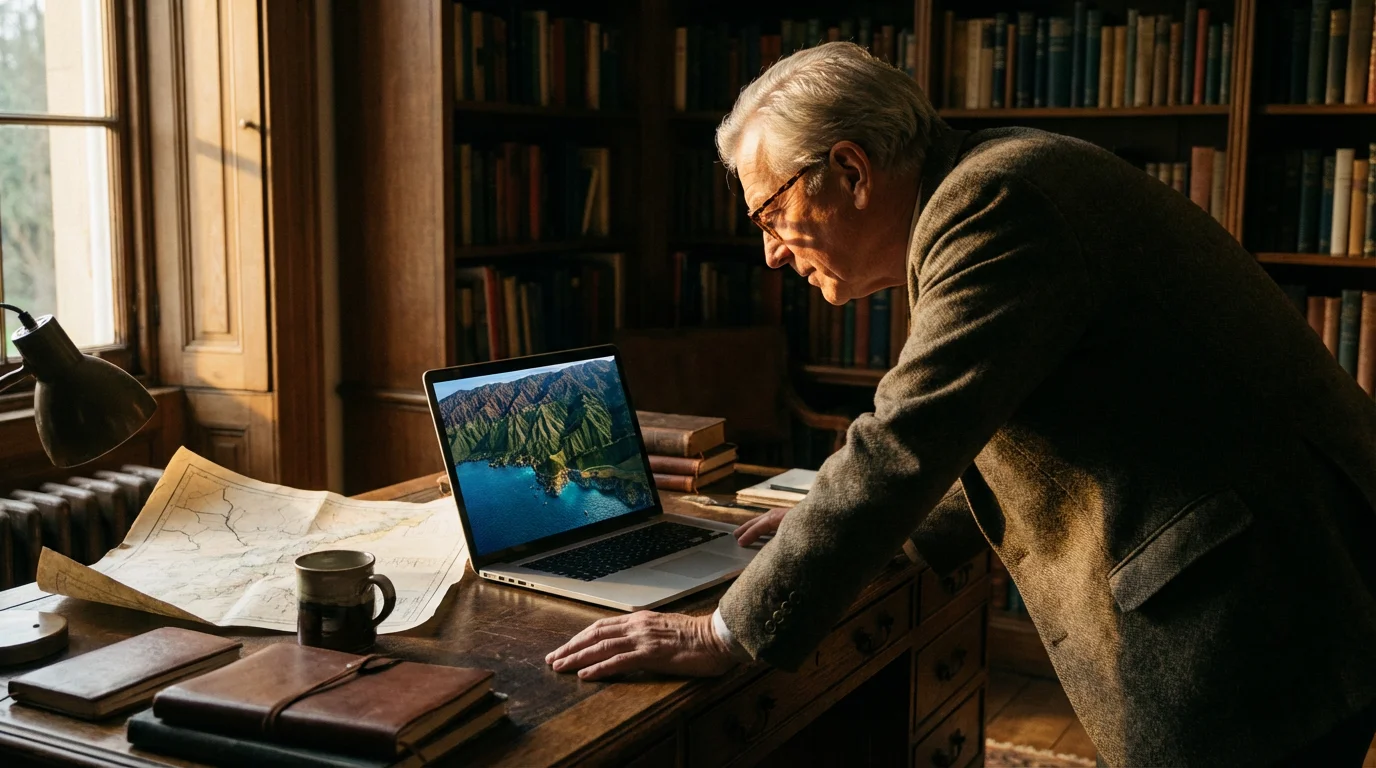An older man at a desk with a laptop and maps planning a future adventure.