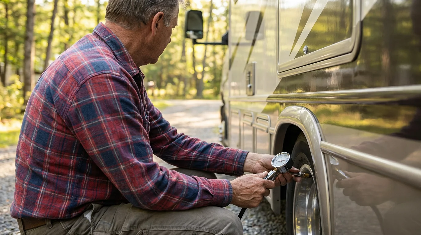 An older man carefully checking the tire pressure on his RV in the morning.