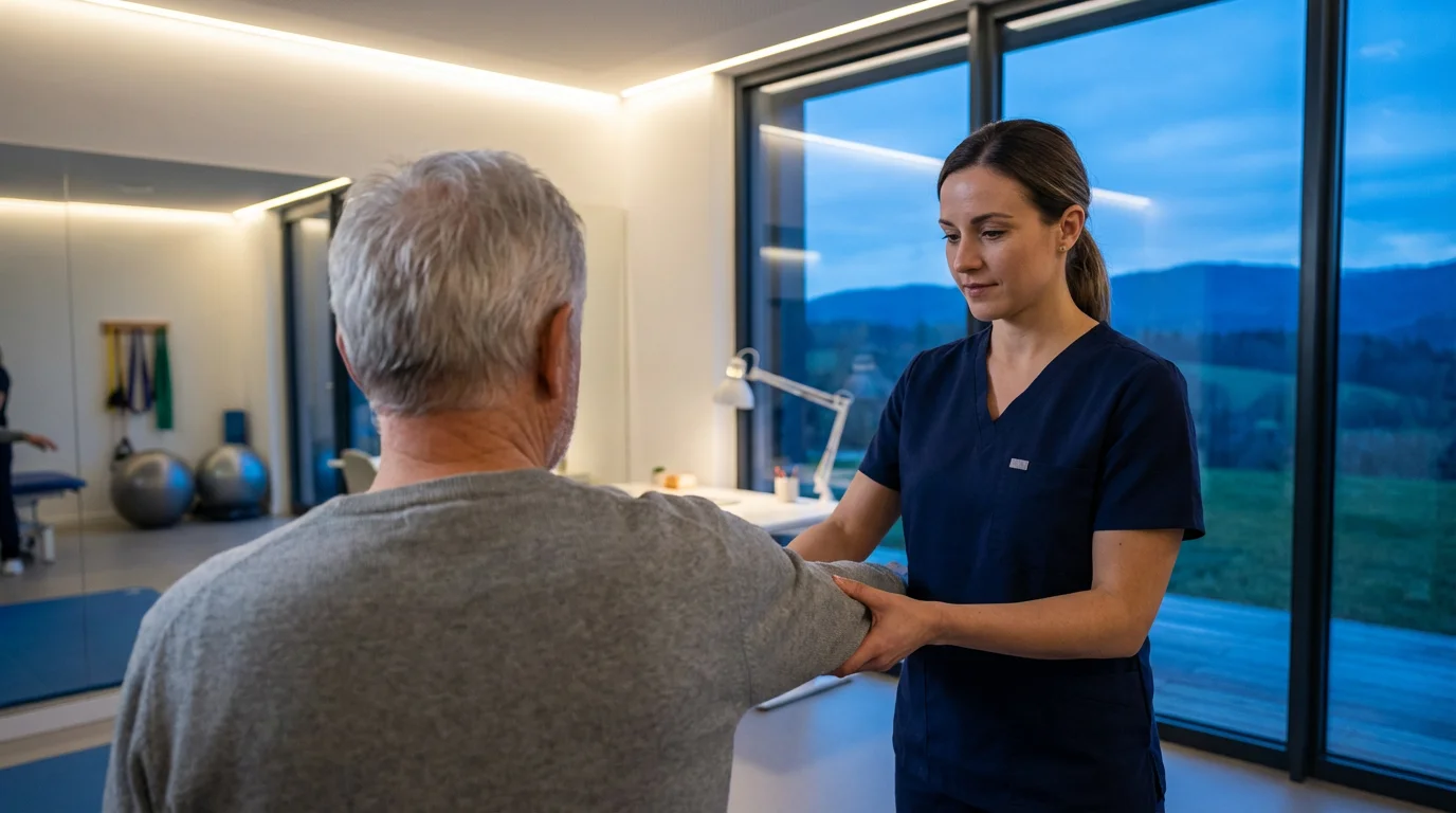 An older man consulting with a physical therapist in a modern clinic at dusk.