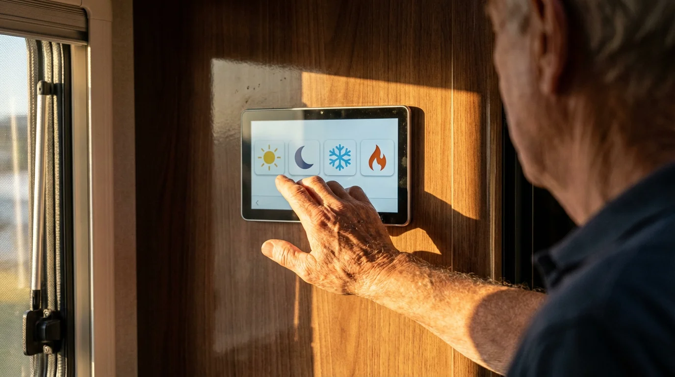 An older person using a wall-mounted smart technology control panel inside a modern RV.