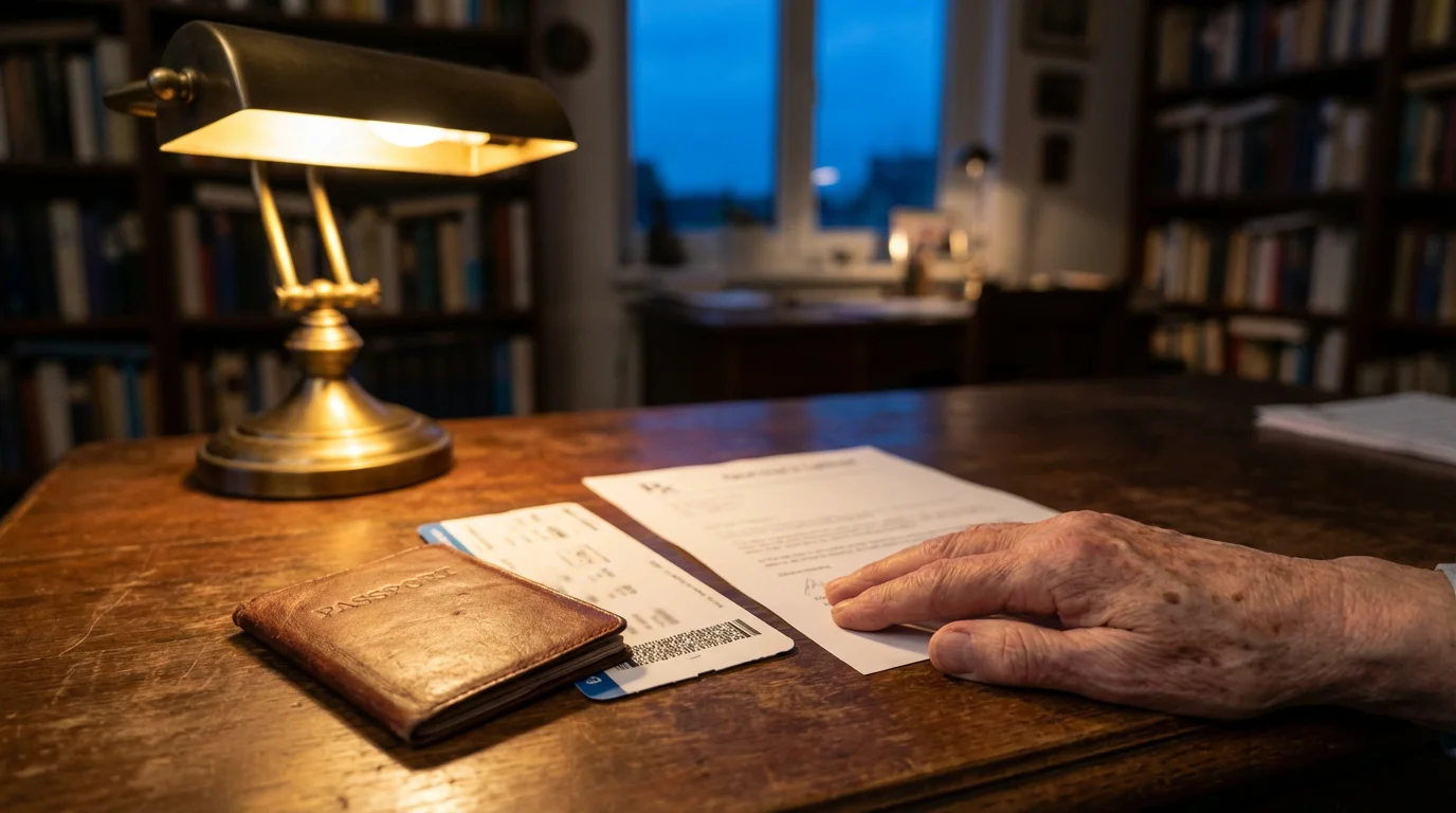 An older person's hand rests by a passport and doctor's letter on a desk.