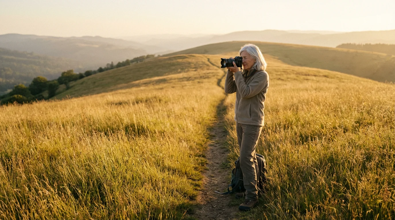 An older woman with a camera stands on a trail in a golden meadow.