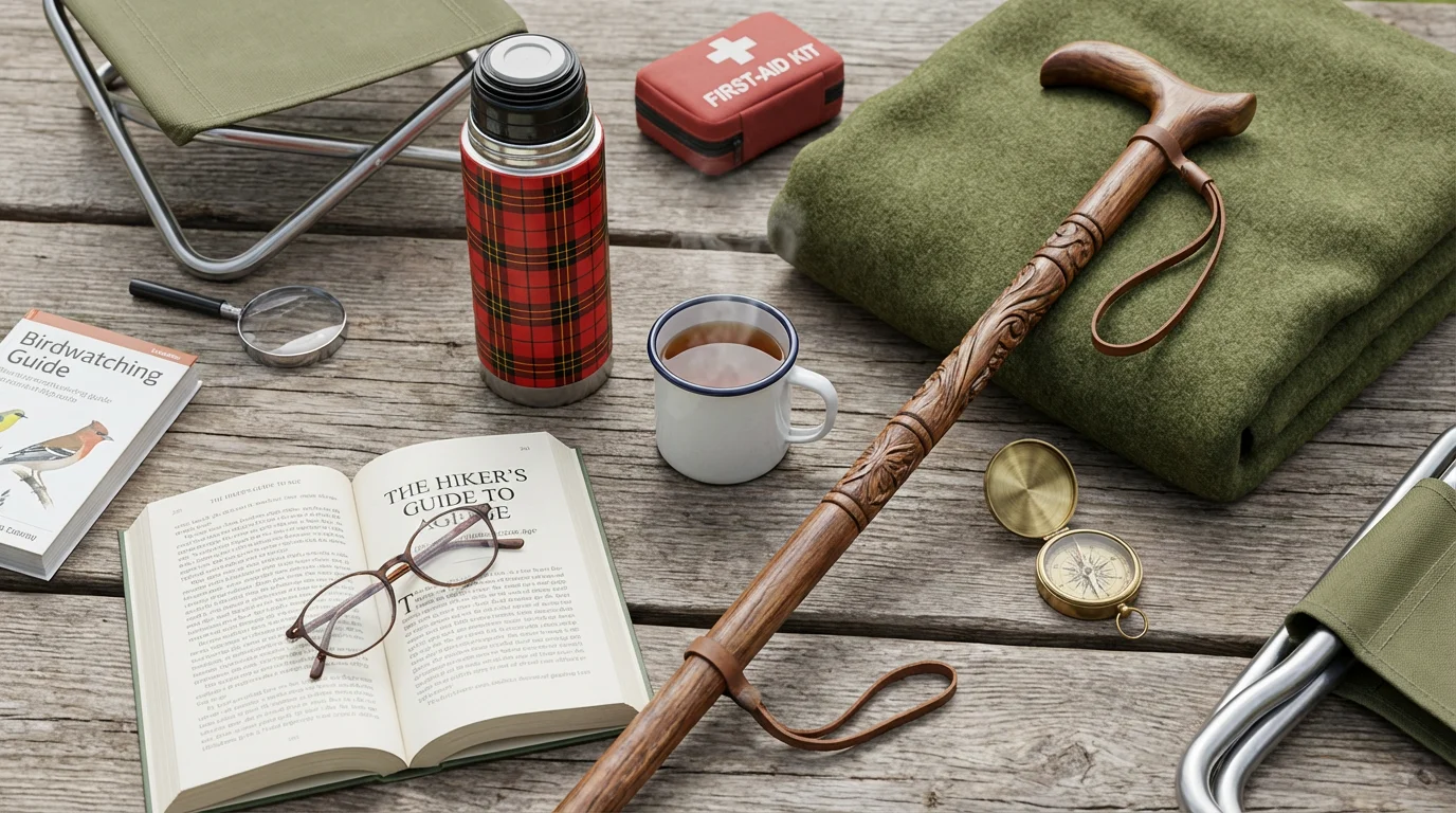 An overhead flat lay of senior camping gear including a book, thermos, and walking stick.