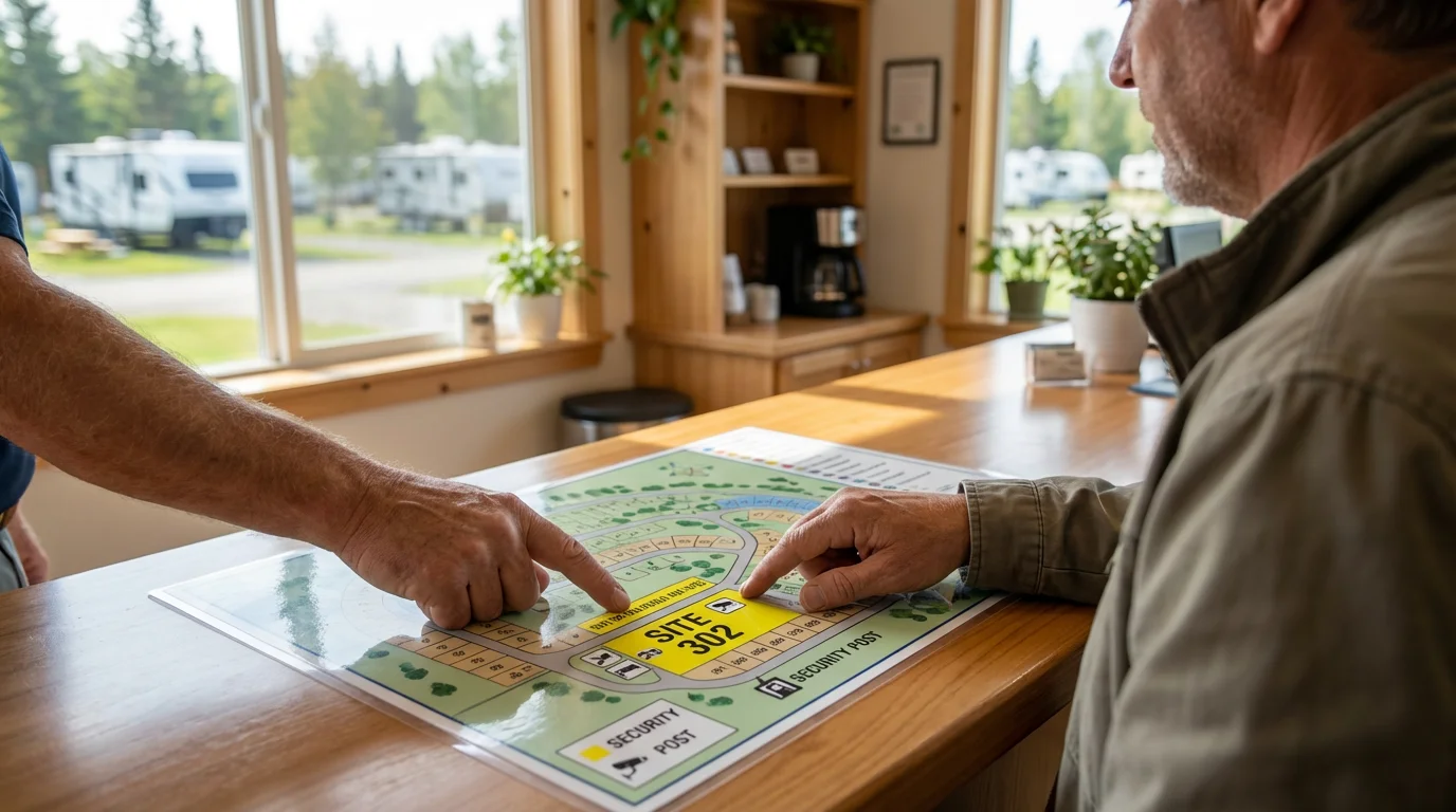 An RV owner reviewing a campground map with a staff member in a bright office.
