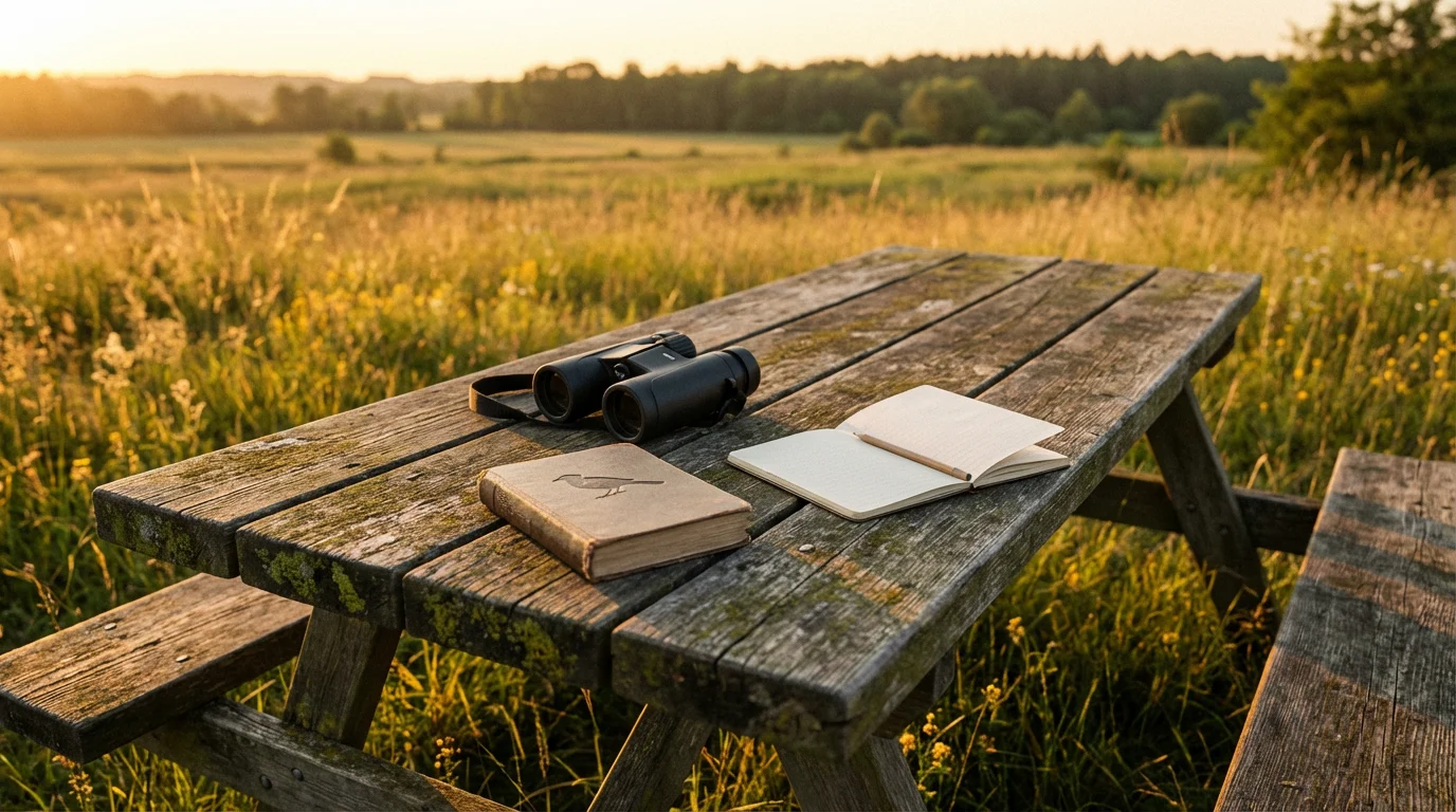 Birdwatching gear including binoculars and a field guide on a picnic table during sunset.