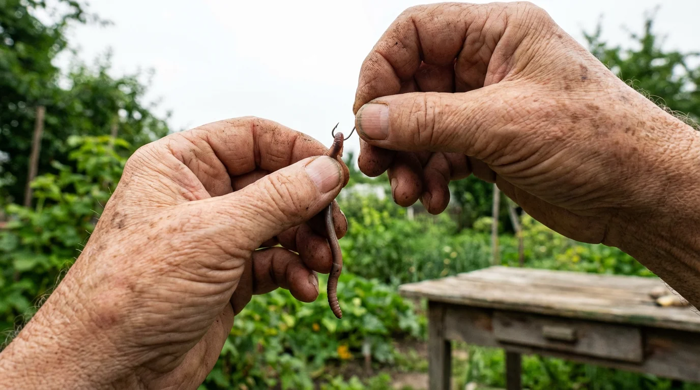 Close up, low angle view of a senior's hands baiting a fishing hook.