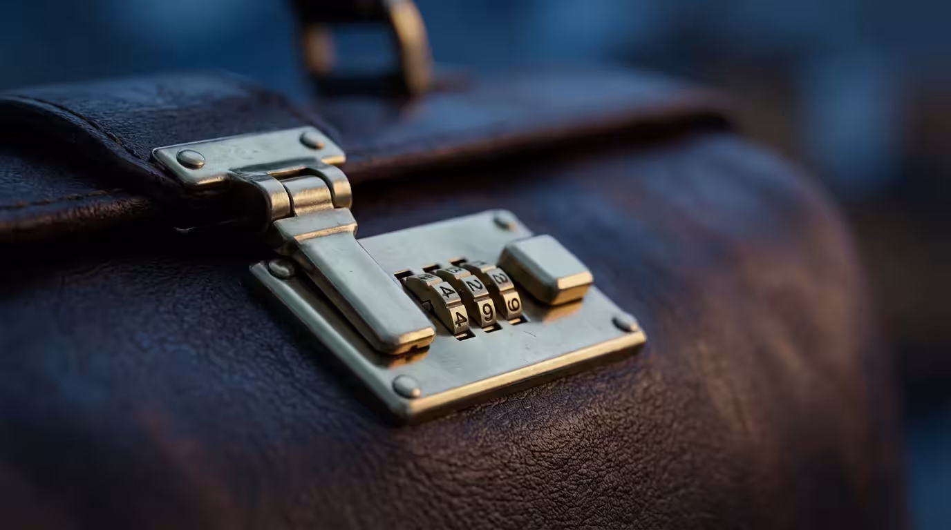 Close-up macro of a quality brass combination lock on a dark leather travel bag.